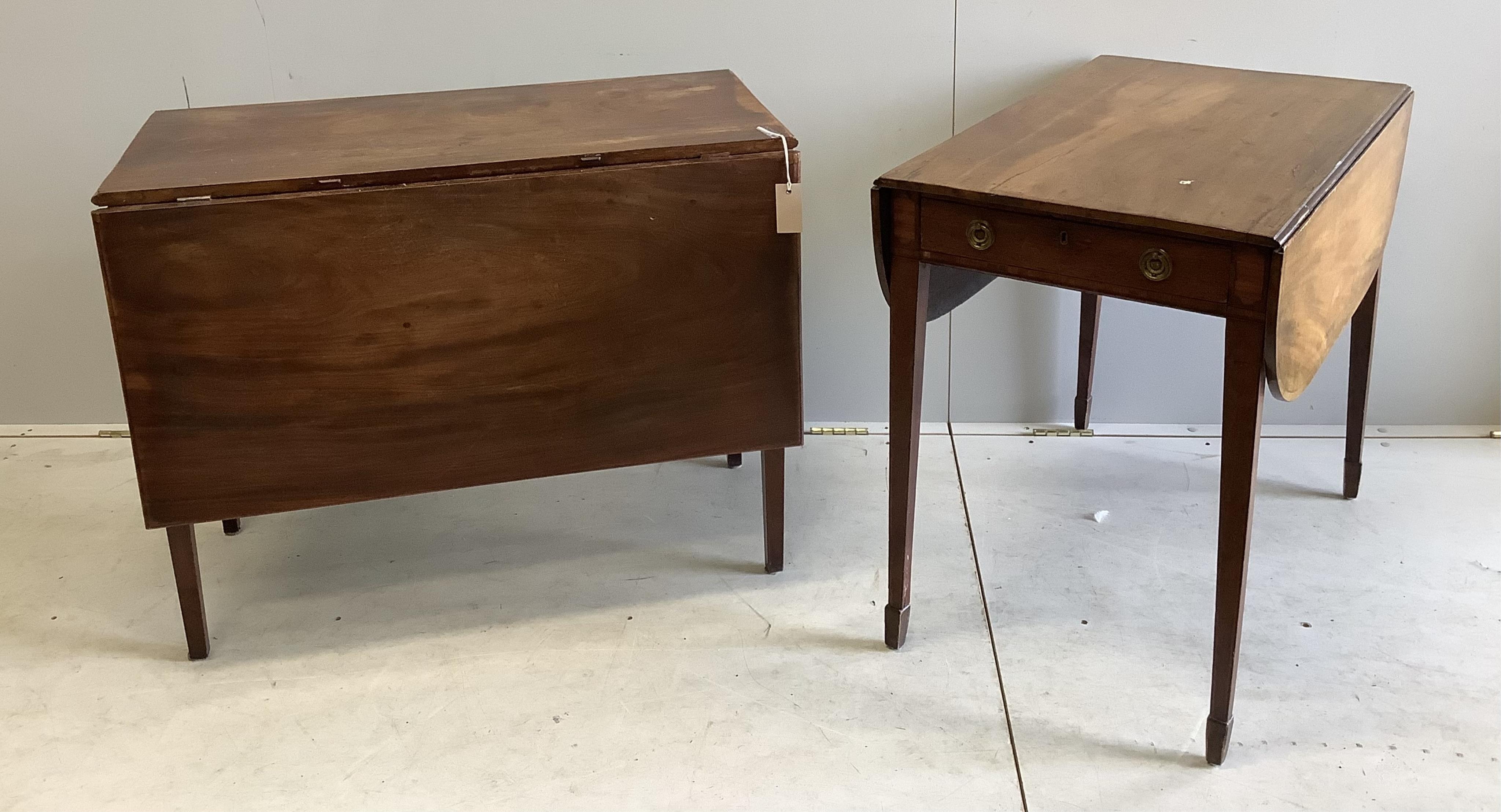 A George III mahogany single drop leaf table, width 90cm, depth 46cm, height 72cm. together with a George III mahogany Pembroke table. Condition - poor